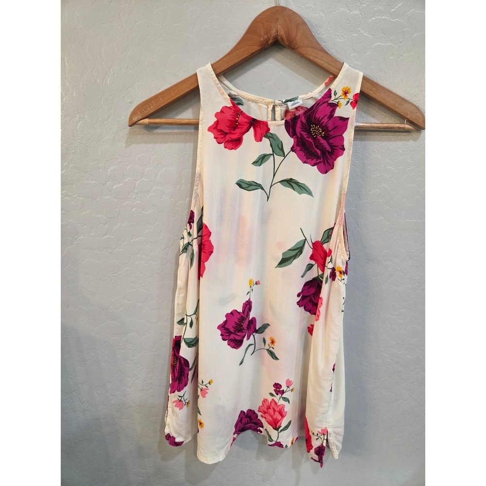 Old Navy Women Floral Sleeveless Blouse Cream Pink Purple Keyhole Back Shell M
